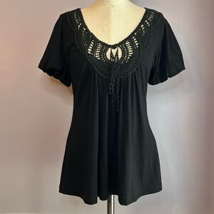 L8teR black top crochet lace neckline fitted bust flares out at the hips Size M
